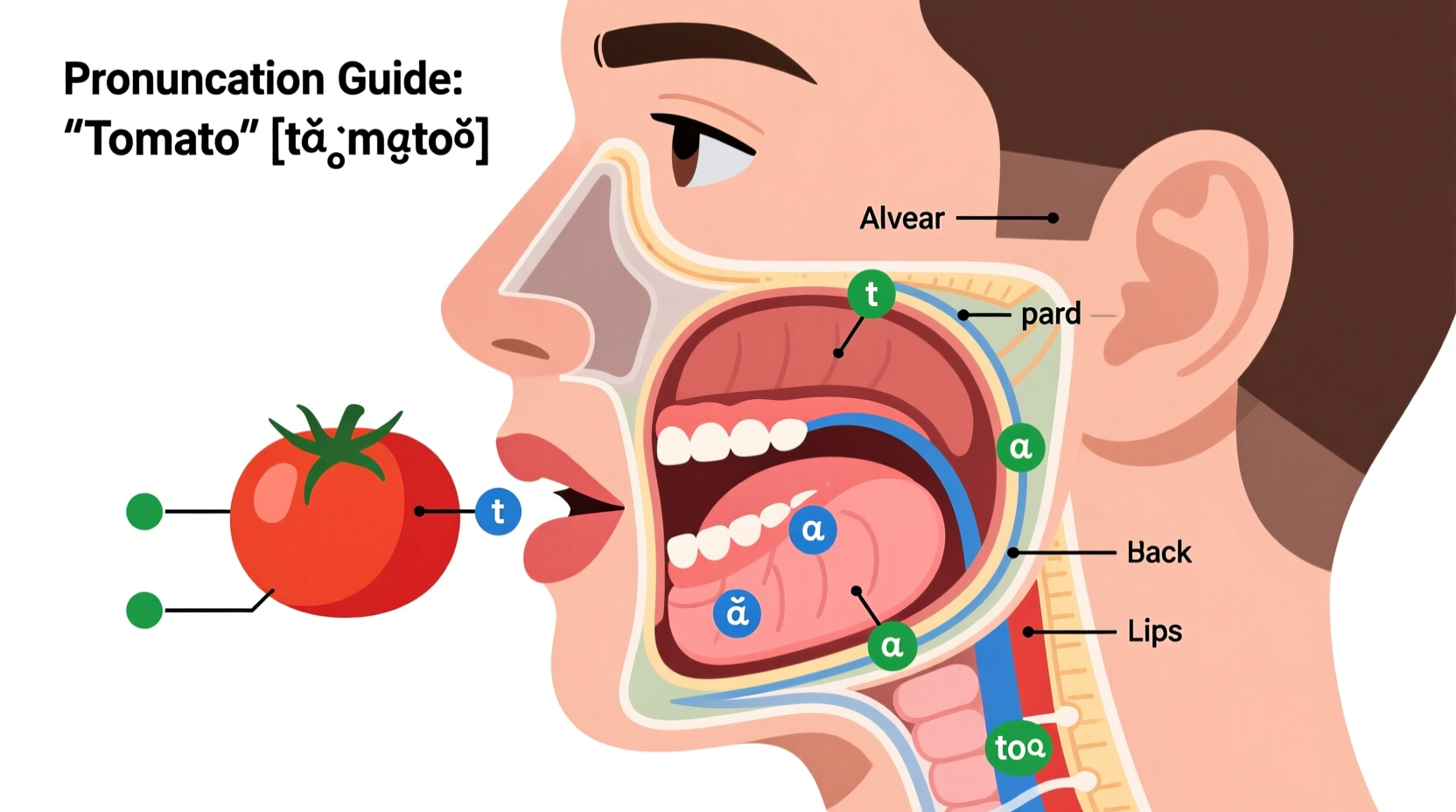 Phonetische Diagramm zur Mundposition bei Tomato-Aussprache