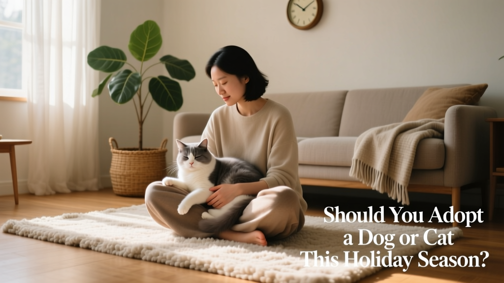 A calm, cozy indoor scene showing a person sitting on the floor with a newly adopted cat resting nearby, both relaxed and connected