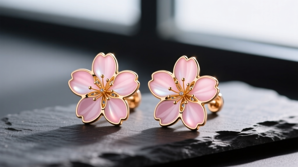 Macro photography of 18k rose gold sakura cherry blossom earrings with translucent pink enamel petals, resting on dark slate.