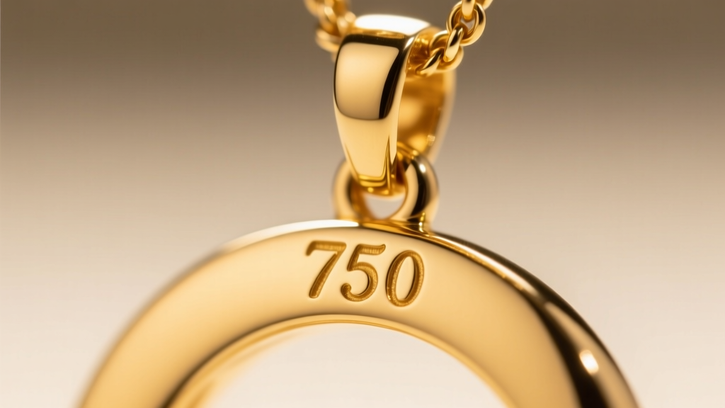 Macro shot of a tiny 750 hallmark stamped on the clasp of an 18k yellow gold pendant, illuminated by a bright LED macro ring light