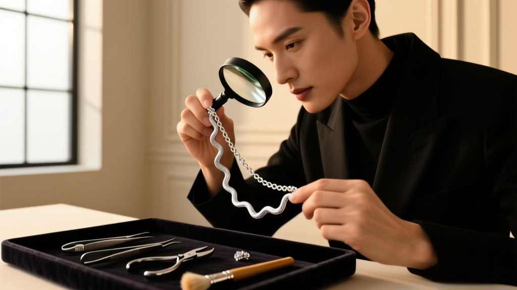 Jeweler inspecting a sterling silver snake chain under a loupe, rhodium tools visible in a softly blurred, warm studio backdrop.