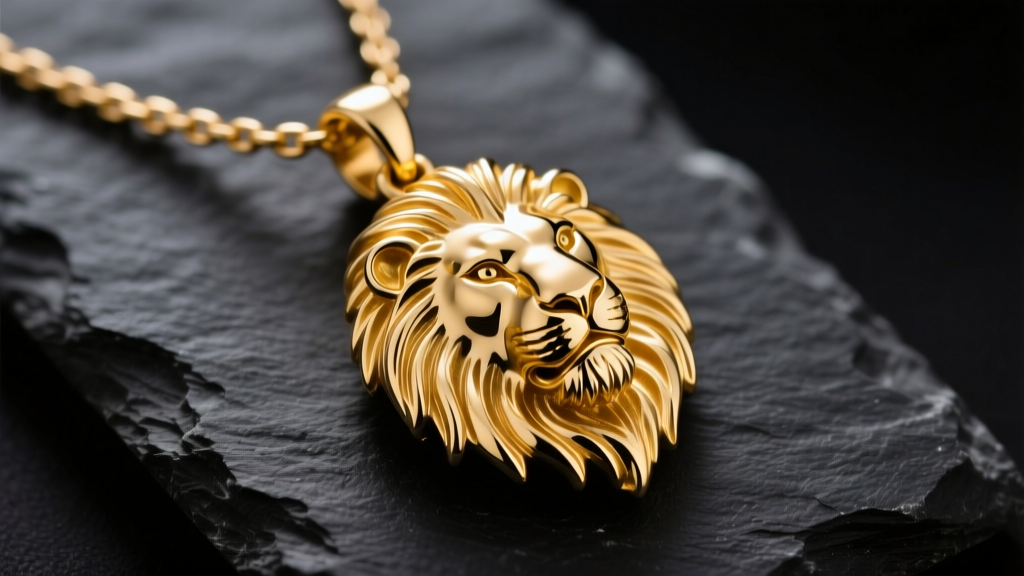 Macro shot of a 14k yellow gold lion pendant necklace on dark slate, highlighting the intricate texture of the carved lion mane