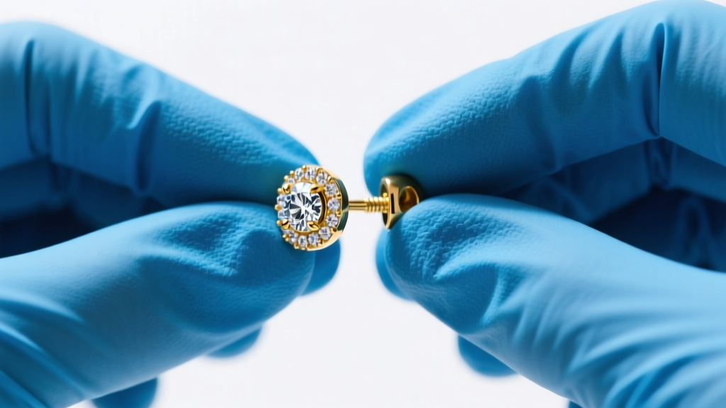 Hands in blue nitrile gloves gripping a stuck 14k gold diamond screw back earring to demonstrate the rubber grip removal technique