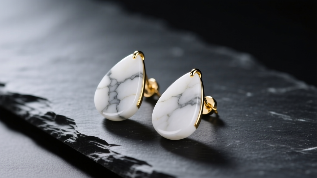 Macro shot of polished white Carrara marble drop earrings on dark slate, showing gray veining and gold hardware in soft light.