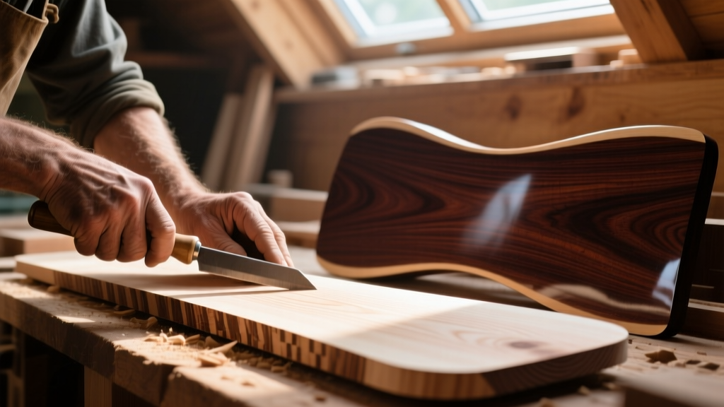 Close-up of a luthier hand-planing a quarter-sawn Sitka spruce soundboard next to dark Indian rosewood back panels in a sunlit workshop