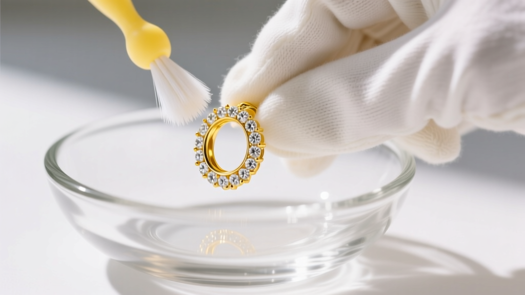 Hands in white cotton gloves gently scrubbing a yellow gold diamond halo earring with a soft baby toothbrush in a glass bowl.