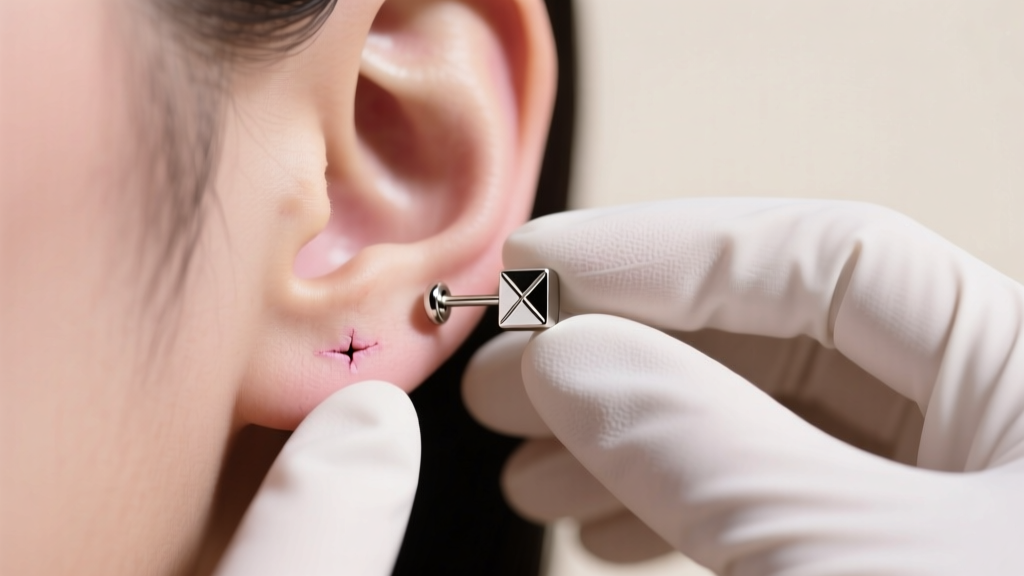 Gloved hands gripping a 14g titanium threadless flat back earring on a healed earlobe under bright, diffused studio lighting