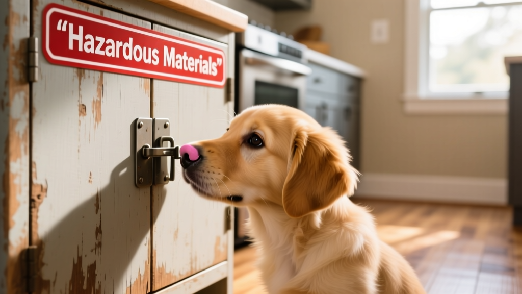 A close-up of a puppy gently sniffing at a closed, latched cabinet labeled 'Hazardous Materials'