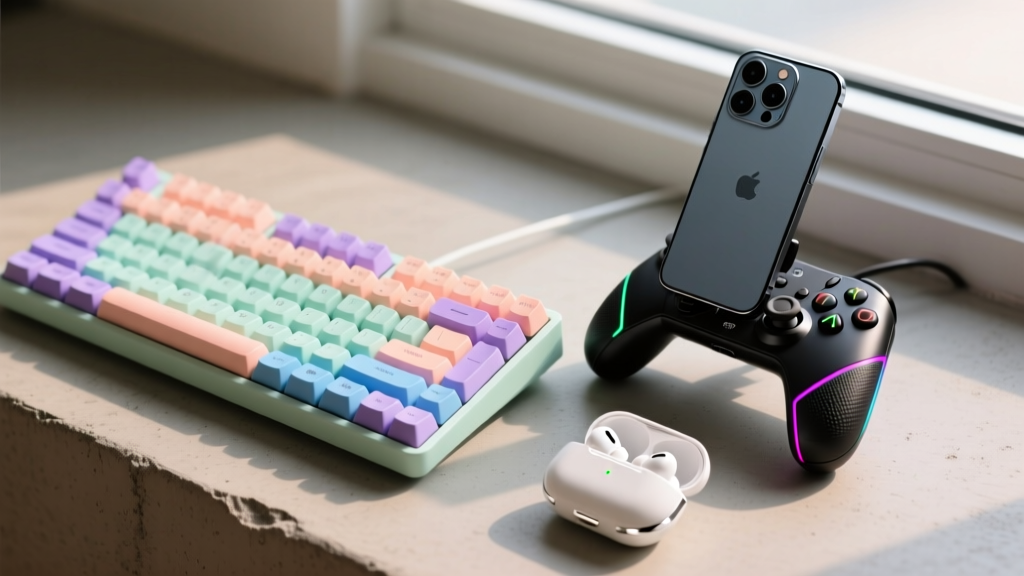 Overhead shot of a pastel mechanical keyboard, wireless earbuds case, and a smartphone mounted on a black mobile gaming controller