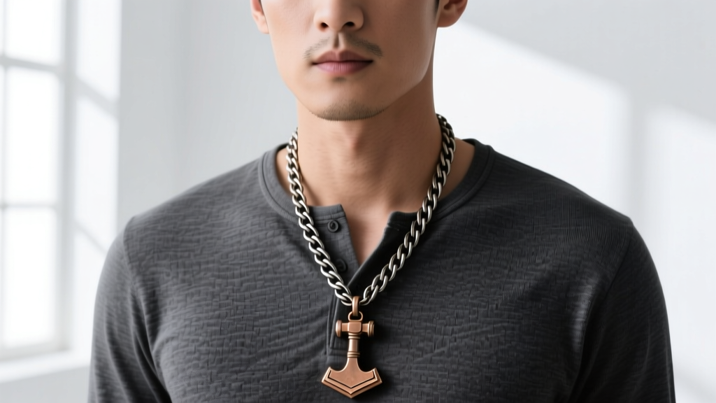 Man wearing a 4mm steel wheat chain with a minimalist bronze Thor hammer pendant over a charcoal henley shirt in natural light