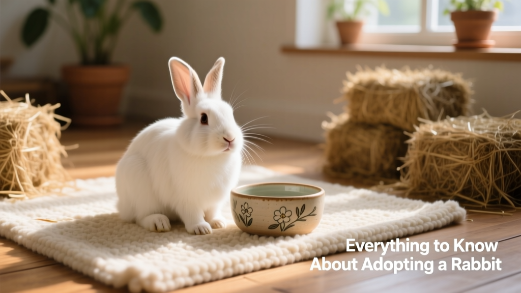 A calm, friendly rabbit sitting on a soft rug beside hay and a ceramic water bowl