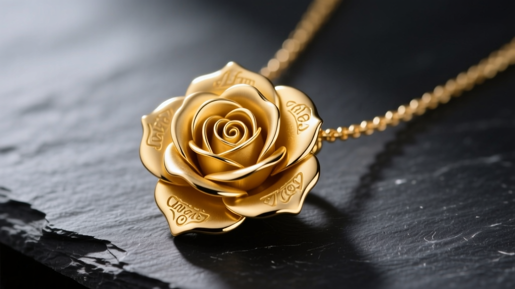 Macro shot of an 18k yellow gold rose pendant necklace with matte layered petals on dark slate under soft directional light