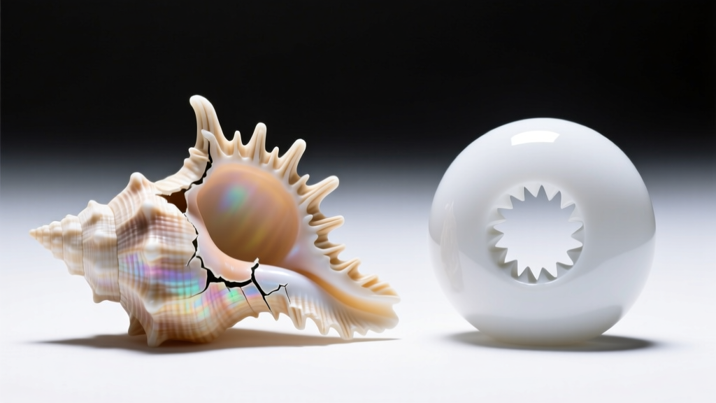 Natural Conus miliaris shell with jagged hole next to a perfectly drilled synthetic plastic imitation under bright studio lighting.