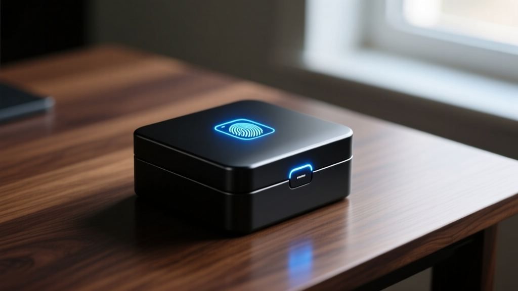 Sleek matte black aluminum smart jewelry box with glowing blue biometric fingerprint scanner on lid, resting on dark oak desk