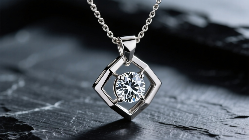 Macro photograph of an architectural loft necklace featuring a suspended diamond in a rigid platinum cage bail against dark slate