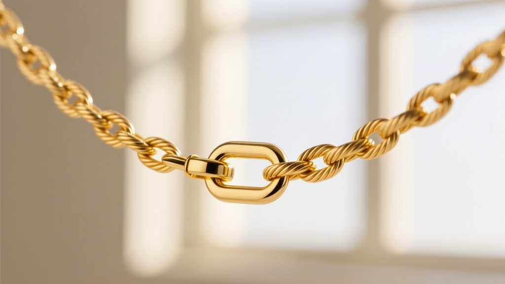 Macro shot of a 1.0mm 14k yellow gold cable chain with a 5mm lobster clasp, highlighting precise link soldering and polished metal
