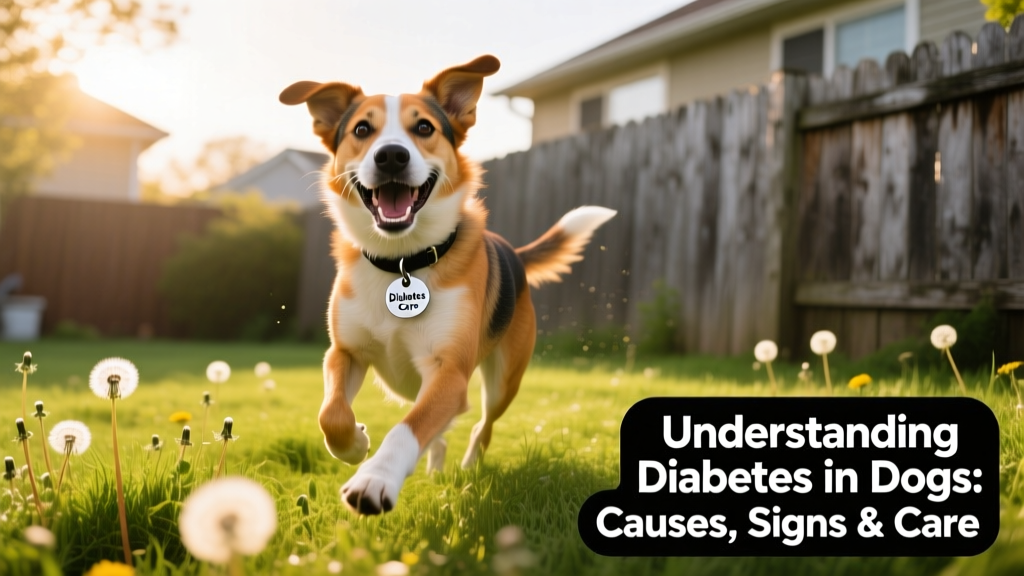 Happy, energetic diabetic dog playing fetch in a sunlit backyard, wearing a subtle medical ID tag