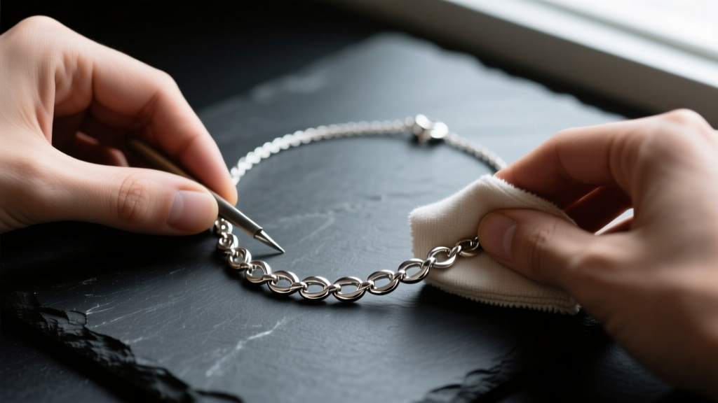 Hands polishing a 925 Italian silver necklace with a soft cloth on dark slate, revealing a bright and beautifully restored shine.