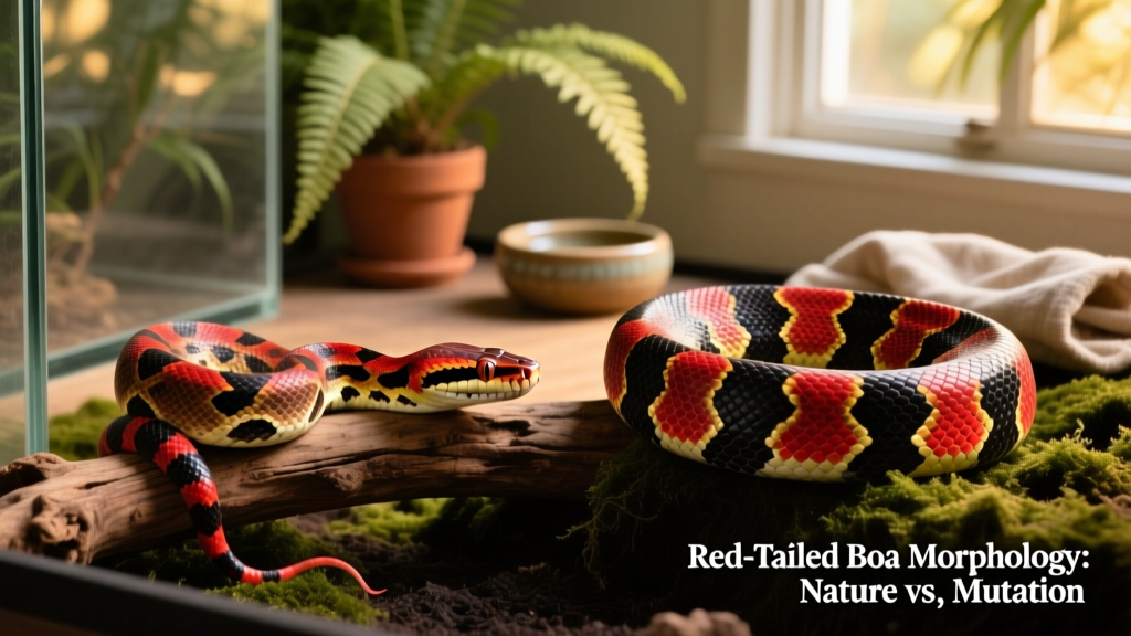 Side-by-side comparison showing a typical wild-type red tail boa and a high-contrast patterned morph