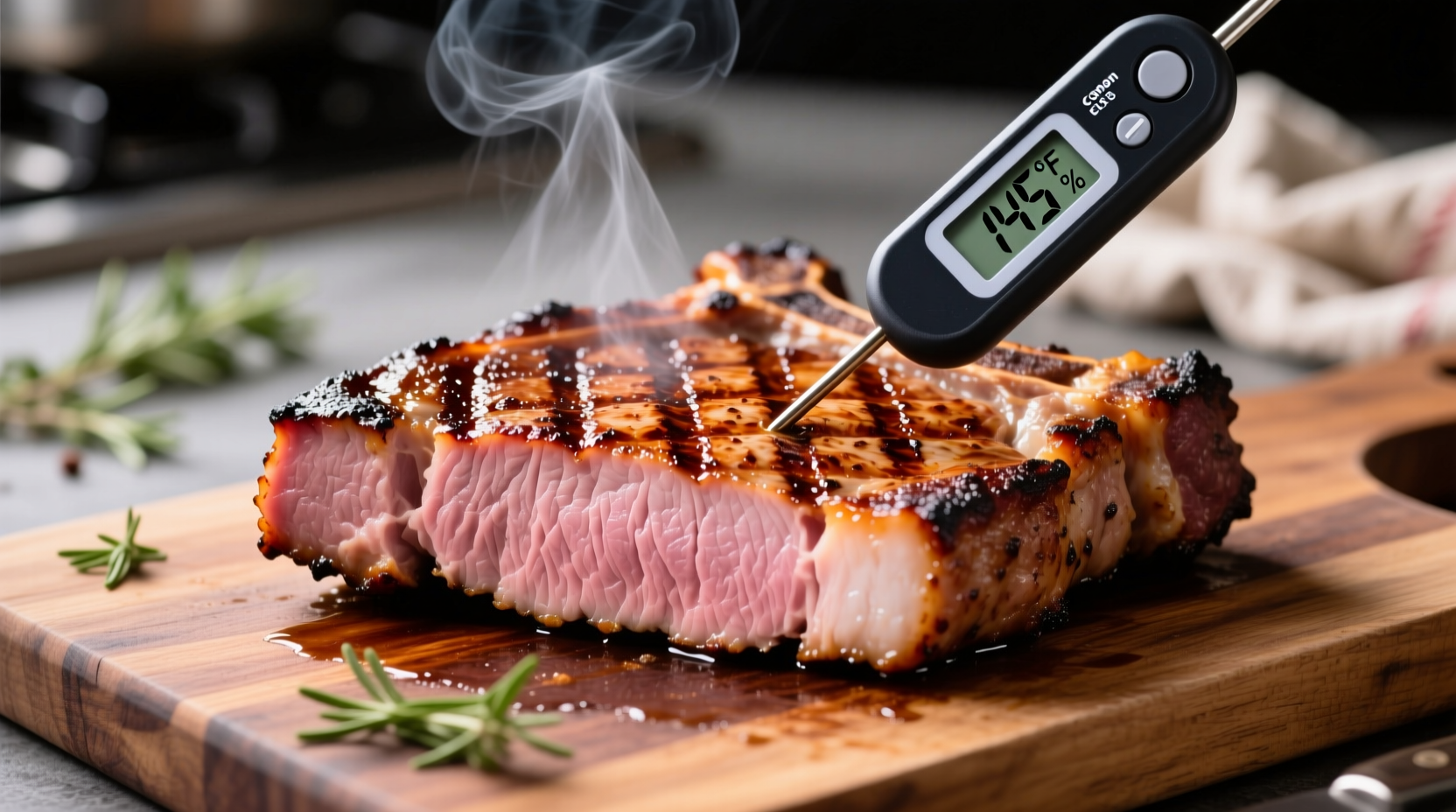 Perfectly seared pork chop with internal temperature reading