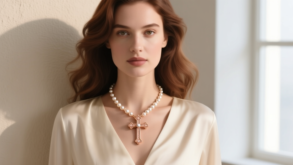 A woman wearing a layered 14k rose gold pearl cross necklace over a cream silk blouse, highlighting the warm metal contrast.