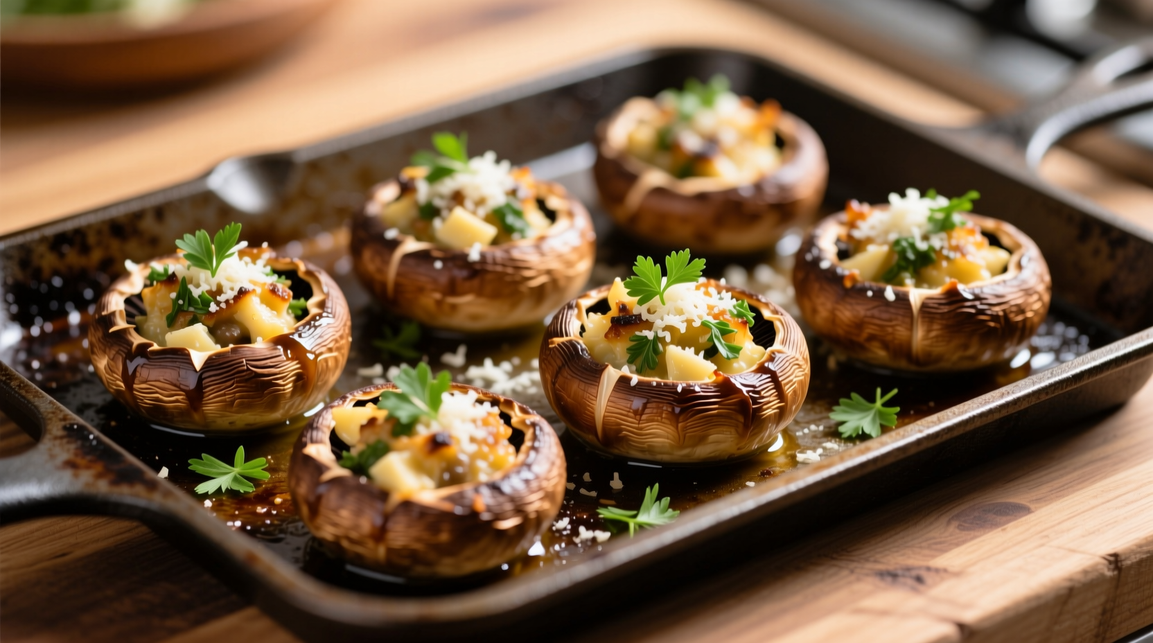 Golden brown stuffed mushrooms on baking sheet