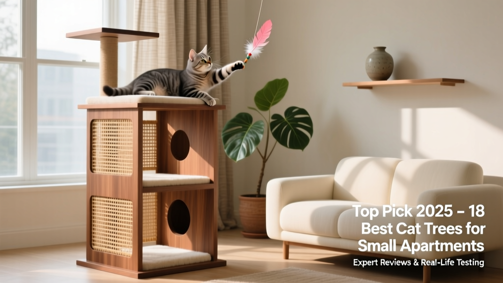 A sleek, modern cat tree nestled neatly beside a compact sofa in a sunlit studio apartment
