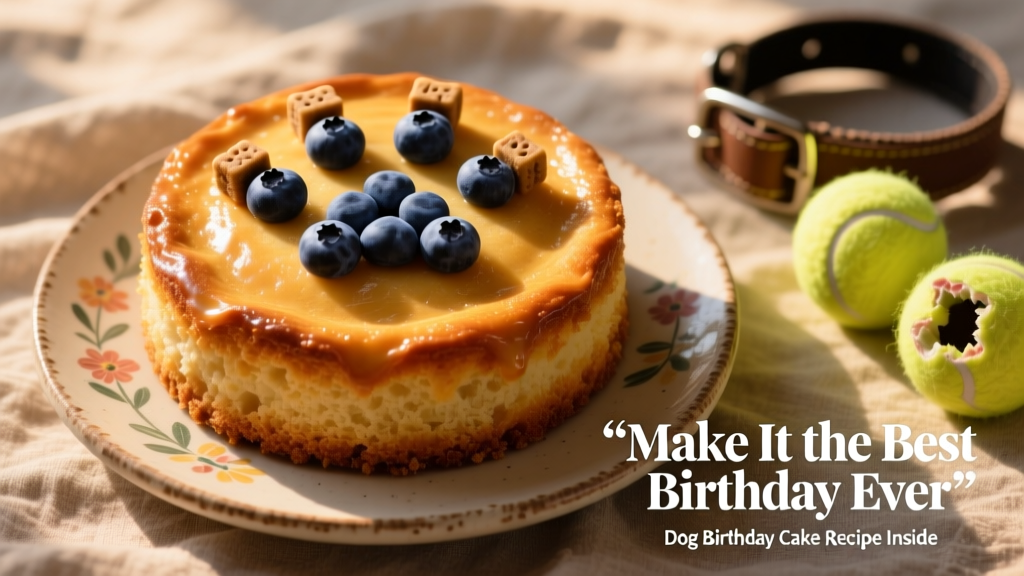 A freshly baked, golden-brown dog birthday cake decorated with blueberries and small dog treats on a festive plate
