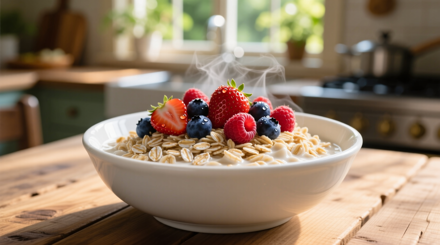 Perfectly cooked rolled oats in white bowl with fresh berries