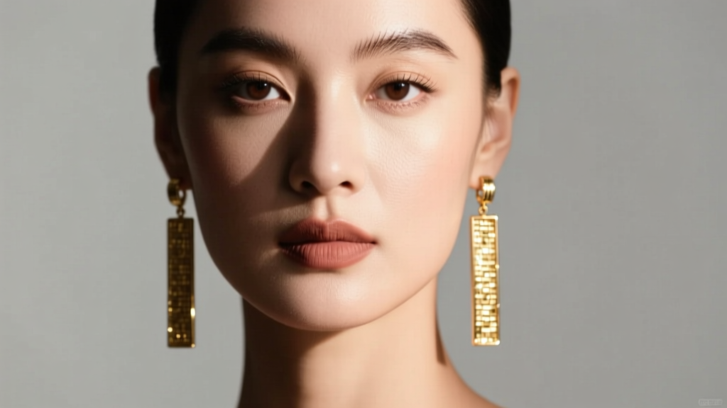 Close-up portrait of a woman wearing long brushed gold rectangular drop earrings, soft studio lighting highlighting her jawline.