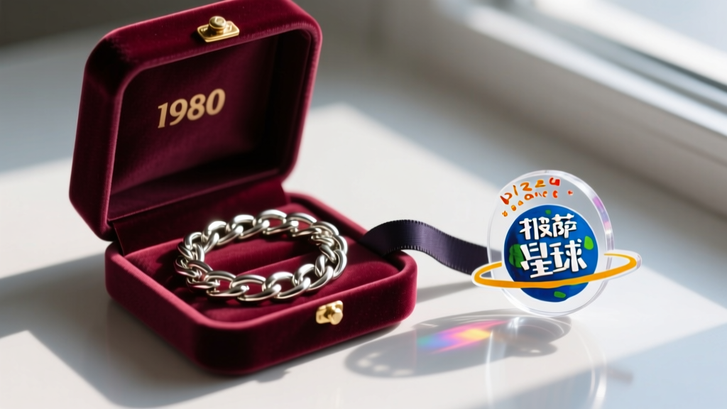 Open velvet jewelry box with a coiled steel chain and acrylic Pizza Planet token, stored next to a dark anti-tarnish strip.