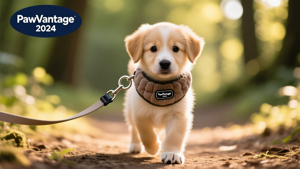 A gentle close-up of a small puppy wearing a soft, padded collar and attached to a lightweight, adjustable leash during a calm outdoor walk