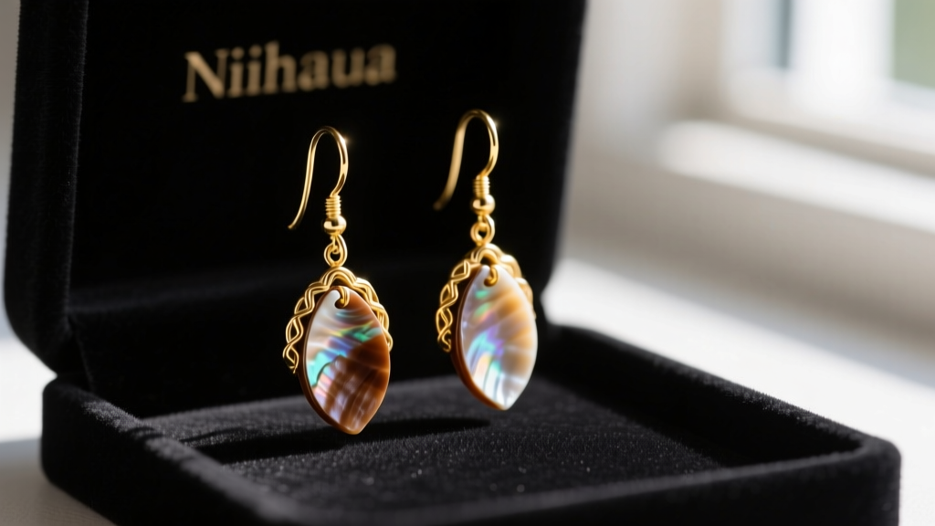 Close-up of authentic Niihau shell drop earrings featuring tiny brown Kahelelani shells and gold hooks on dark velvet display.