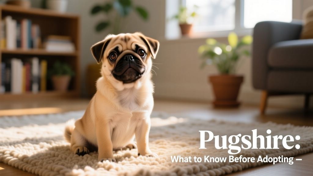 A happy, alert Pugshire puppy sitting on a sunlit rug, showing its expressive eyes and soft coat