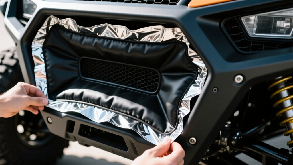 Close-up of black butyl rubber sound deadening mats with silver aluminum foil backing being applied to the bare metal firewall of a UTV chassis