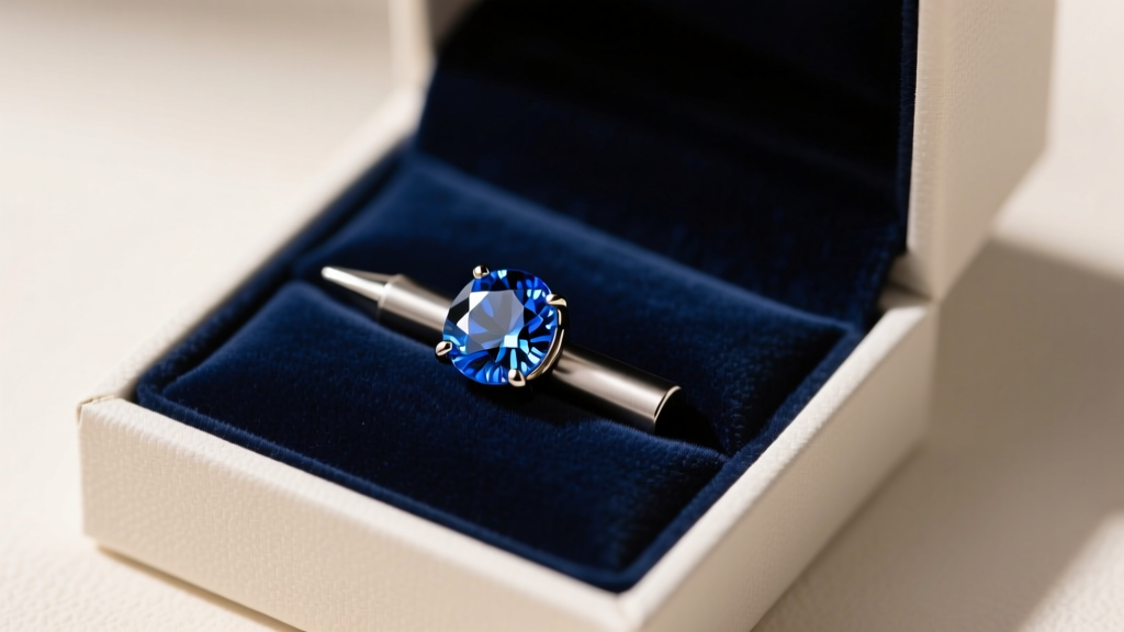 Open gift box revealing an ASTM F136 implant-grade titanium flat-back labret with a bezel-set sapphire gem resting on velvet.