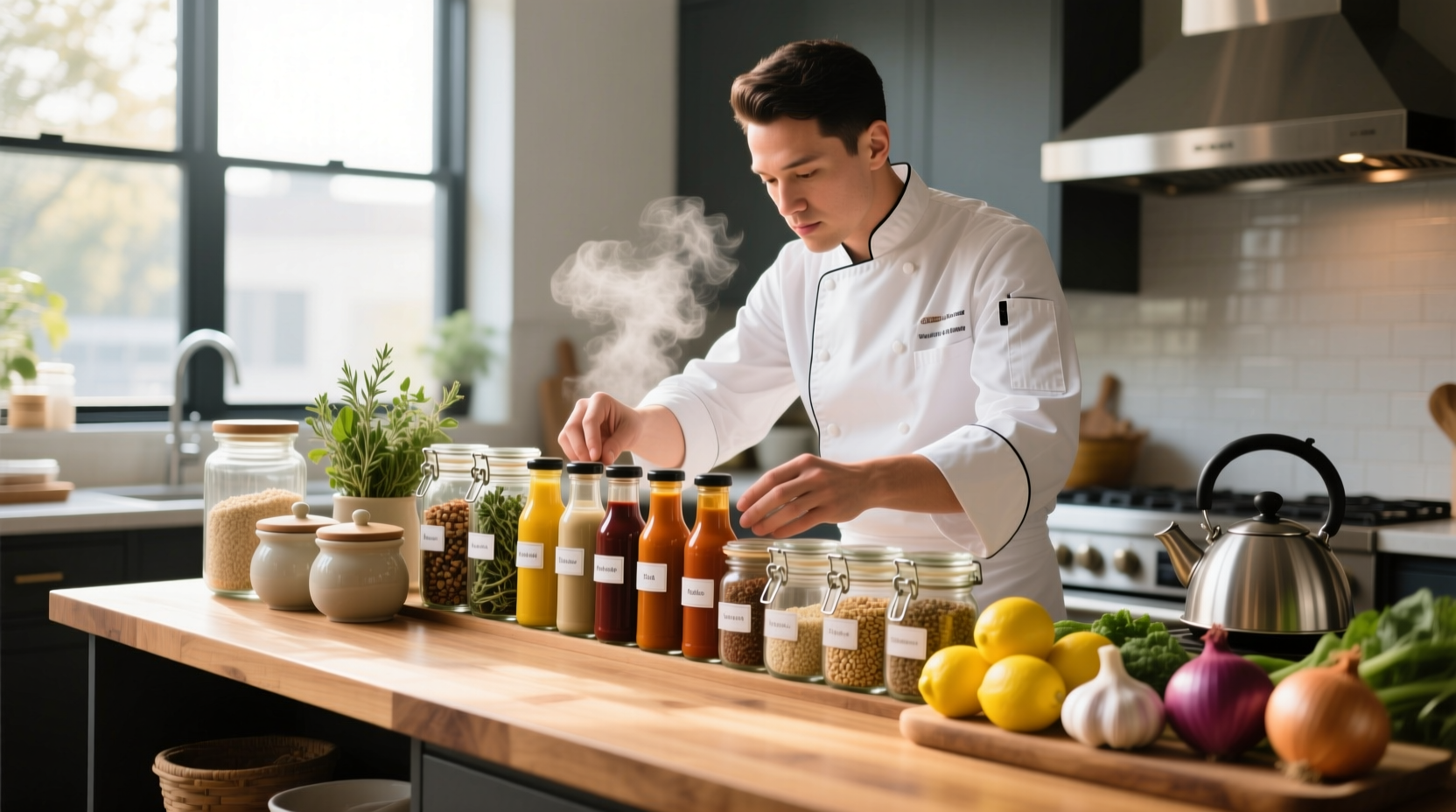 Chef organizing pantry ingredients for cooking