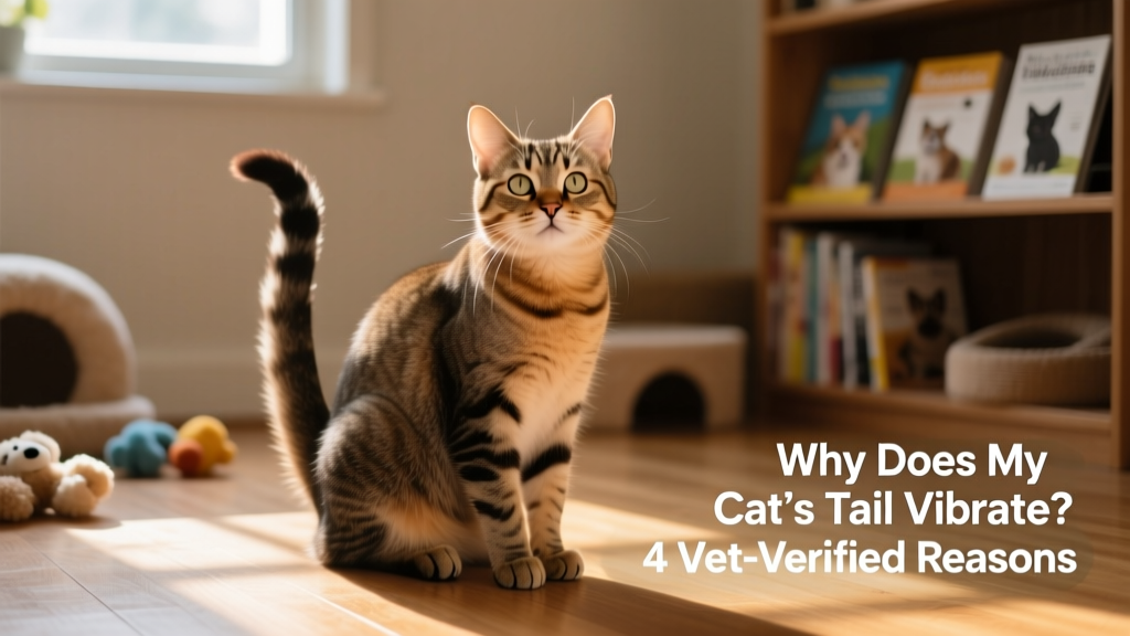 Close-up of a relaxed cat sitting upright with its tail held vertically and gently vibrating at the tip