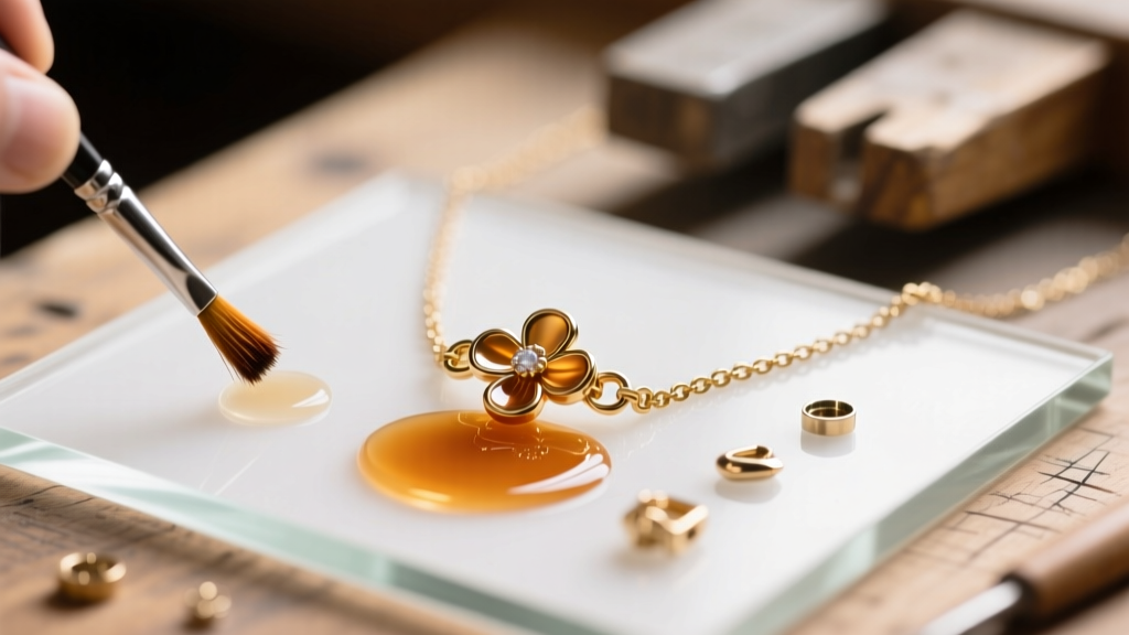 Close-up of a jewelry repair bench with UV resin, a small brush, and a disassembled Coach flower necklace clasp.
