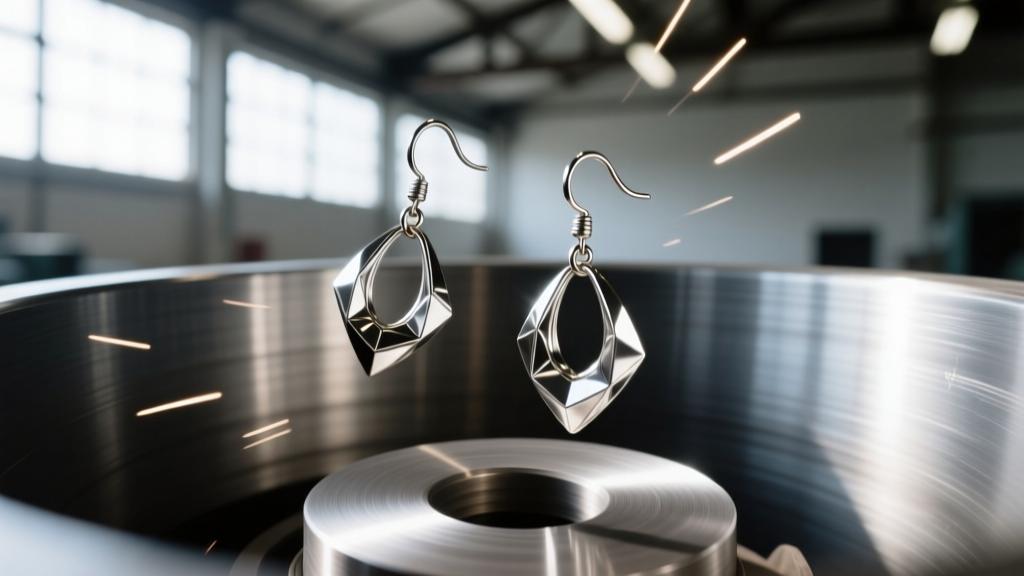 Steel shot and polished dangle earrings tumbling in a rotary barrel, showing motion blur during the final metal burnishing step