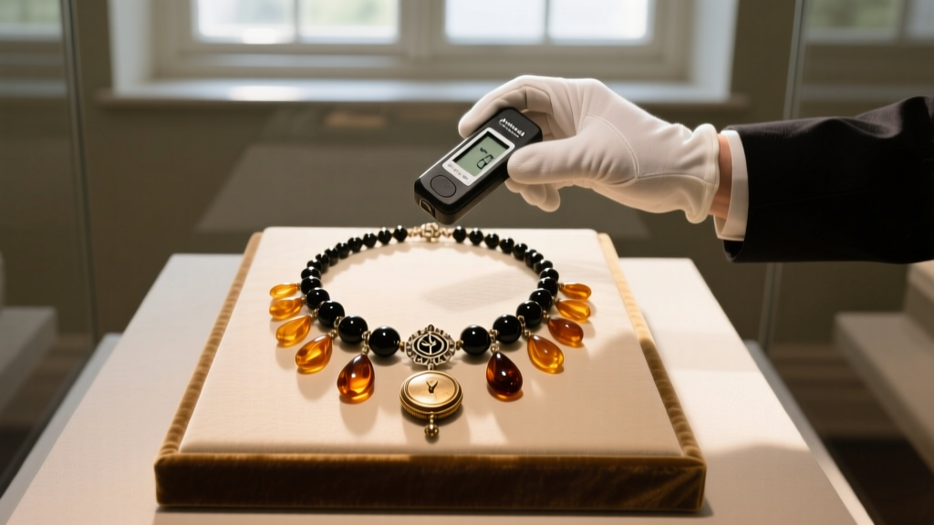 Overhead view of a conservator using a lux meter to measure light exposure on an amber and jet Victorian mourning necklace display.