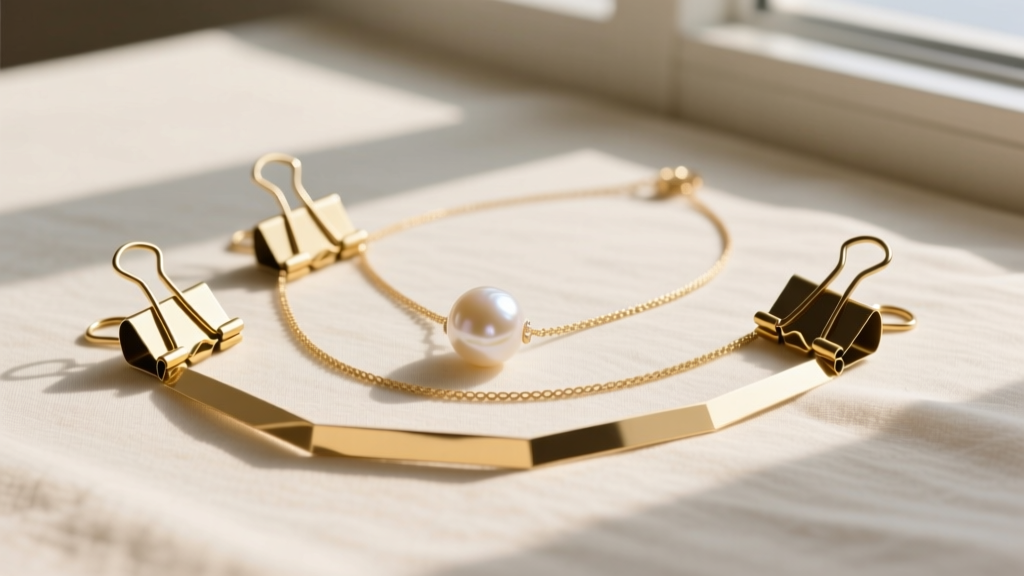 Flat lay of three layered gold paper clip necklaces in varying lengths on cream linen, styled with a small baroque pearl