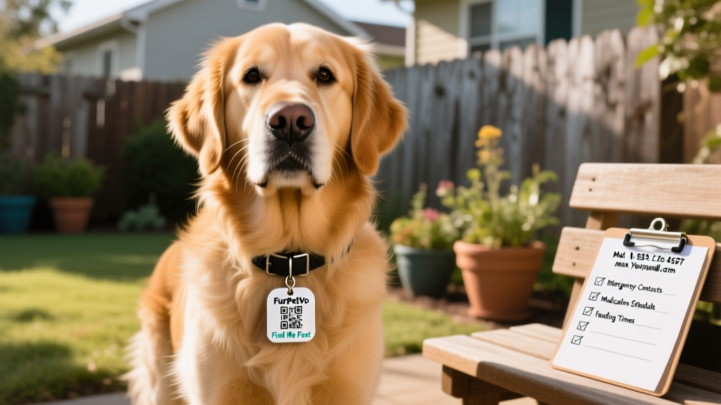 A dog wearing a stylish, durable ID tag with visible contact info next to a FurPetVo Pet Finder Tag