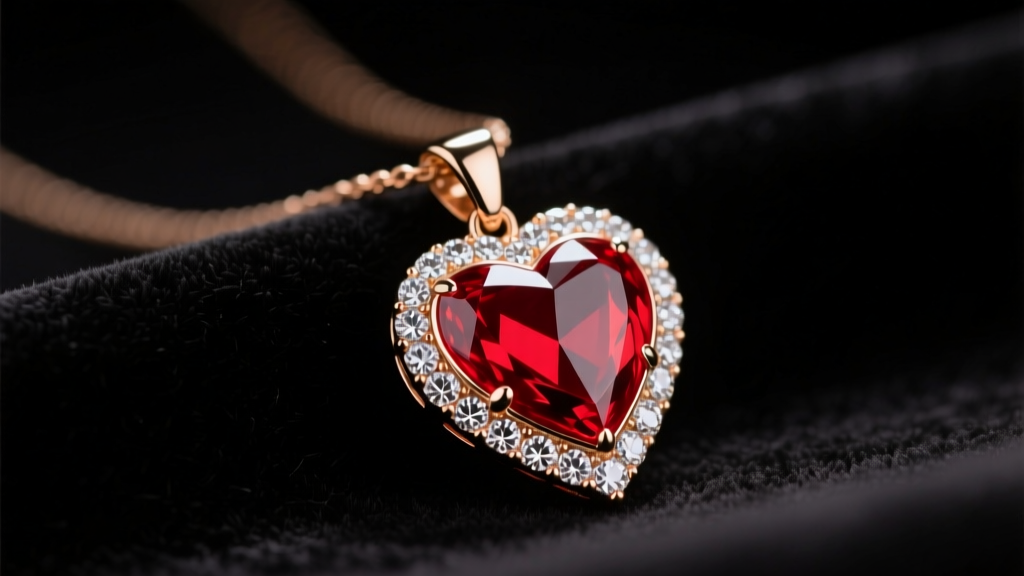 Close-up of a red enamel queen of hearts necklace pendant on dark velvet, soft studio lighting highlighting the pave crystals.