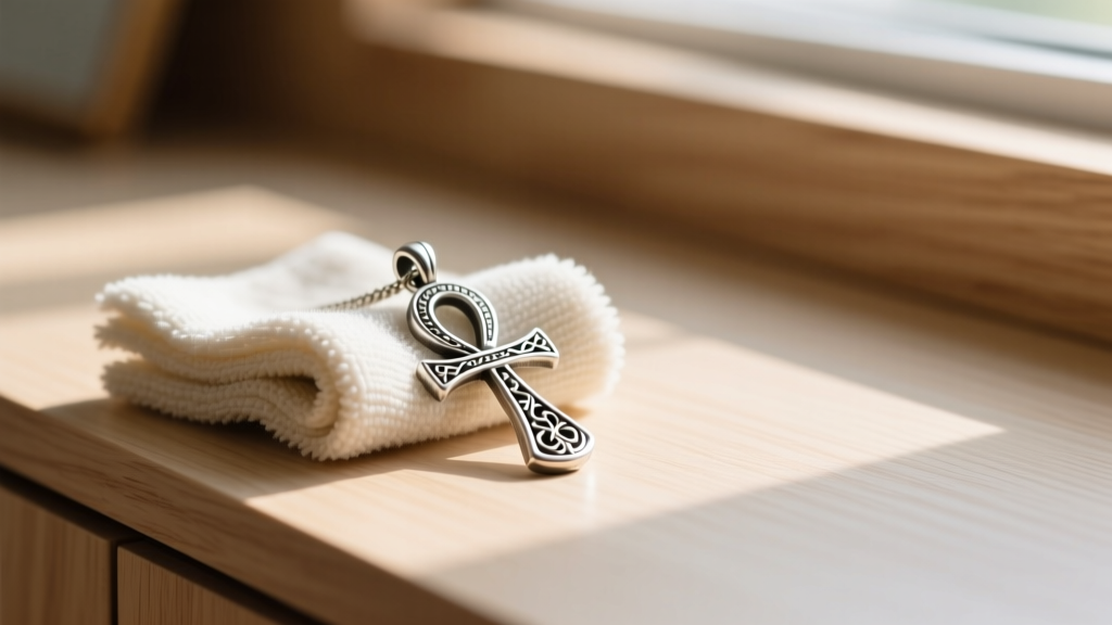A soft microfiber polishing cloth gently wiping a slightly tarnished sterling silver ankh pendant on a wooden vanity table
