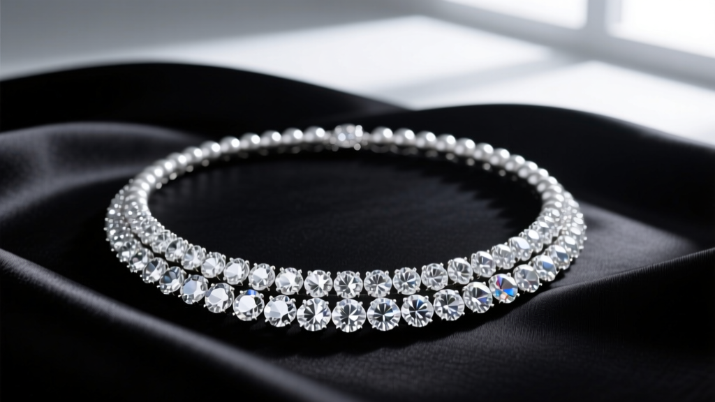 Diamond bead necklace layered on dark silk, soft light highlighting the brilliant facets of the round diamond bead stations.