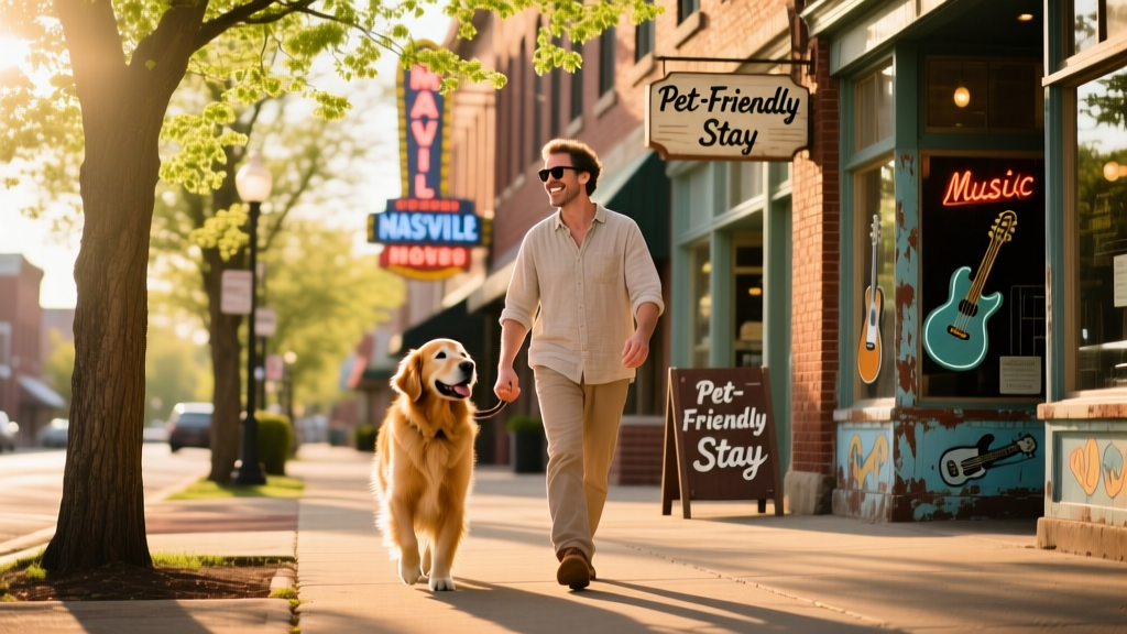 A golden retriever and owner walking along a tree-lined sidewalk on Music Row, with historic brick buildings and vintage signage in the background