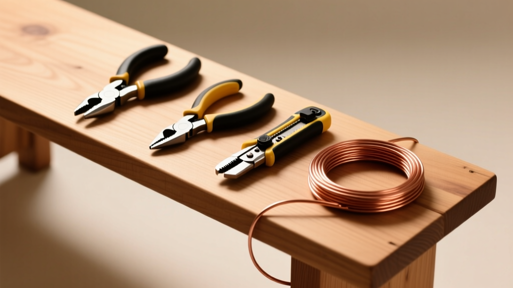 Overhead view of a wooden bench featuring three ergonomic pliers, a flush cutter, and coiled copper wire under warm studio lighting