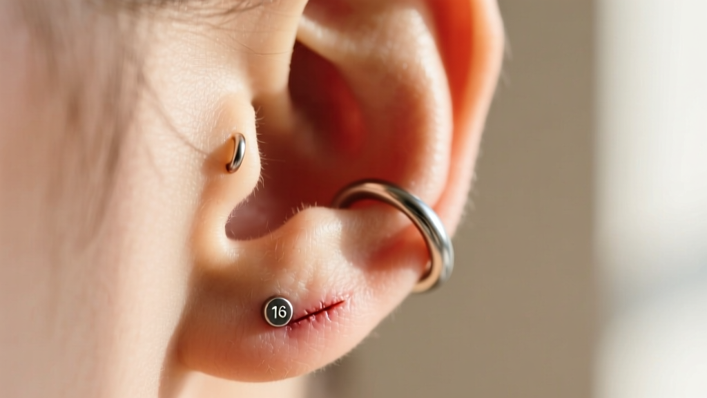 Close-up of a healed helix piercing wearing a 16-gauge titanium clicker hoop, showing zero swelling and a perfect anatomical fit
