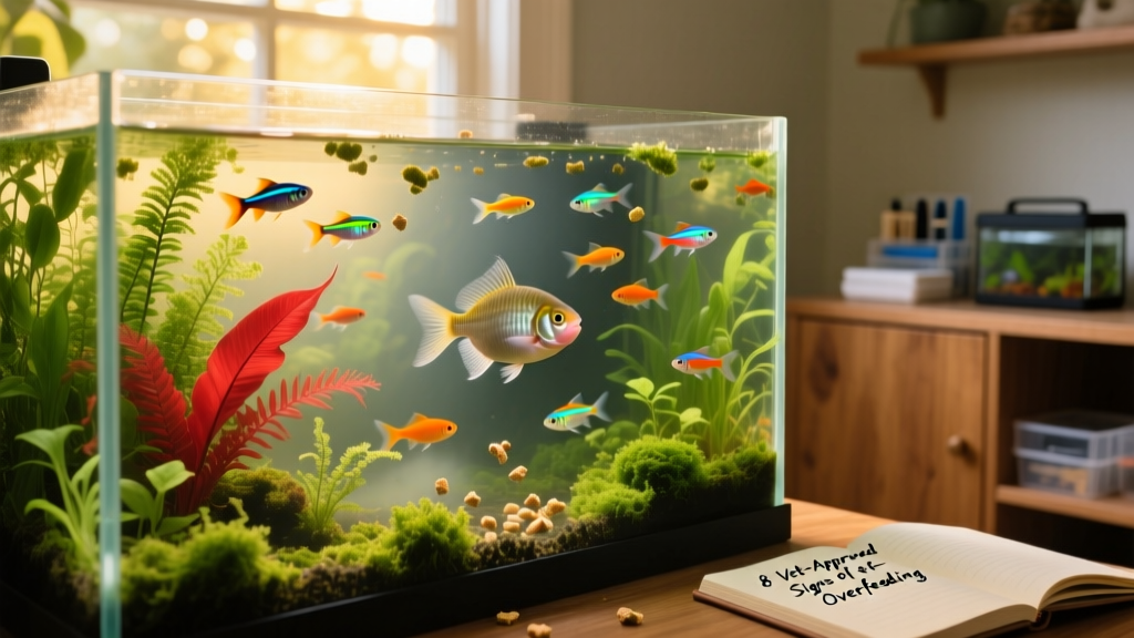 A healthy freshwater aquarium with clear water, vibrant plants, and active fish swimming near the surface